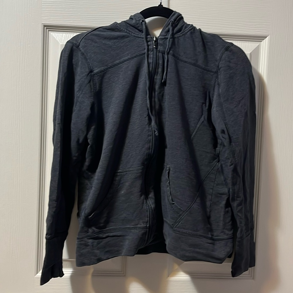 Women's Hoodie Sweatshirt Zippered Dark Grey Cotton/Spandex Kangaroo Pockets M-L